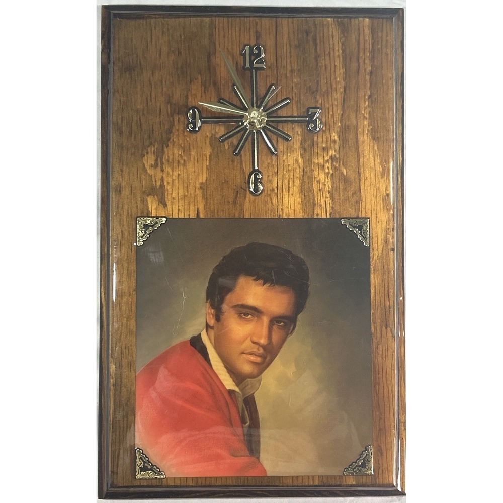 Vintage Elvis Presley Wood Plaque Wall Clock Quartz Portrait Decor Working